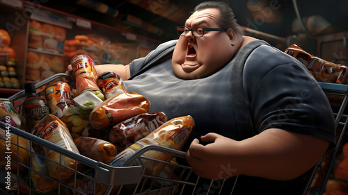 Close-up of an obese man in a shopping trolley, which is filled with junk food, with the background of a supermarket aisle. photo