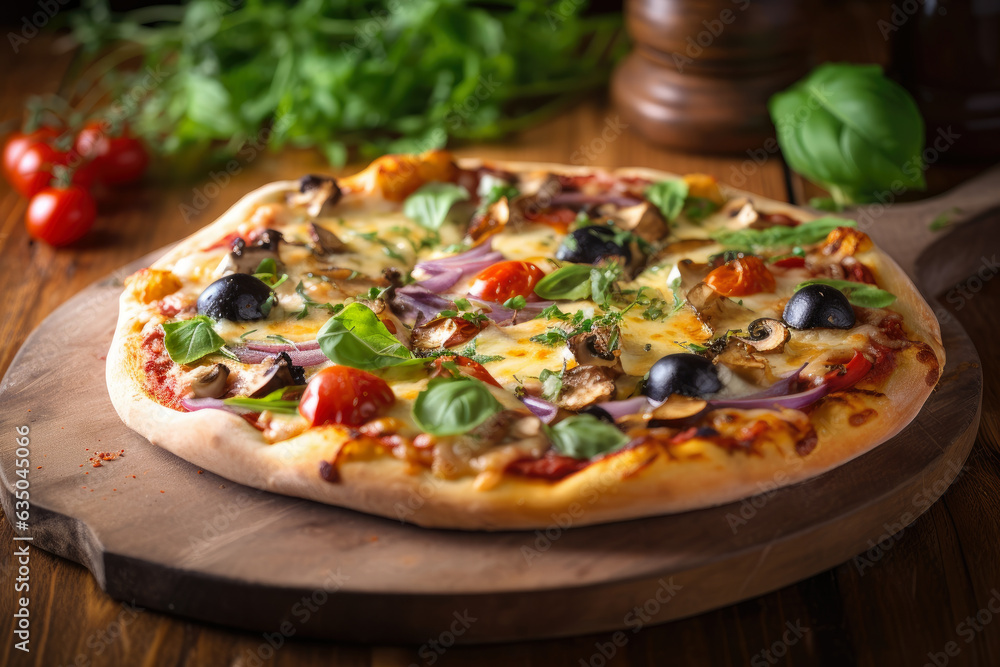 Gourmet pizza loaded with fresh vegetables and herbs on a rustic wooden board, captured in a mouthwatering macro shot.