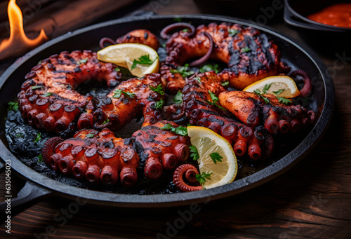 Grilled octopus in cast iron grill pan.