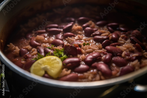 Red beans and rice simmering in a macro close-up, surrounded by spices and herbs, creating a savory and delicious Cajun and Creole comfort food meal.