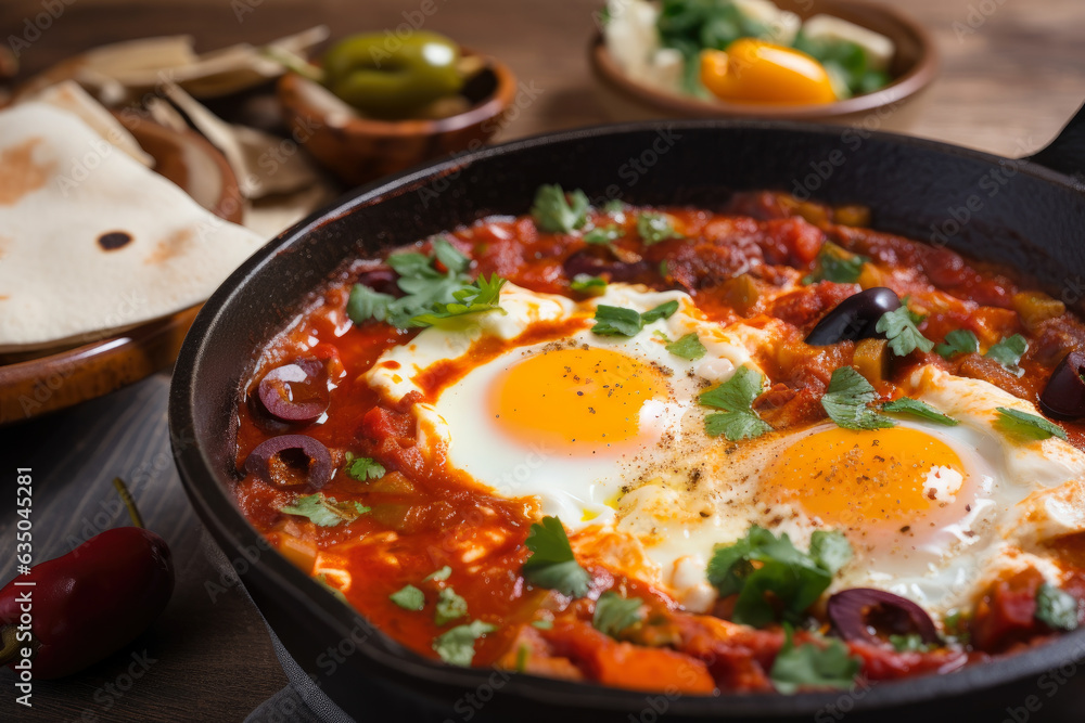 Shakshuka, a flavorful and hearty Middle Eastern breakfast, cooked in a traditional clay tagine with poached eggs, spicy harissa, and served with a side of olives. Shakshuka, a flavorful and hearty Middle Eastern breakfast, cooked in a traditional clay tagine with poached eggs, spicy harissa, and served with a side of olives.