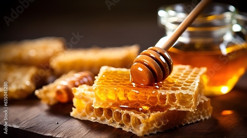 Honeycombs with honey and honey dipper on wooden table