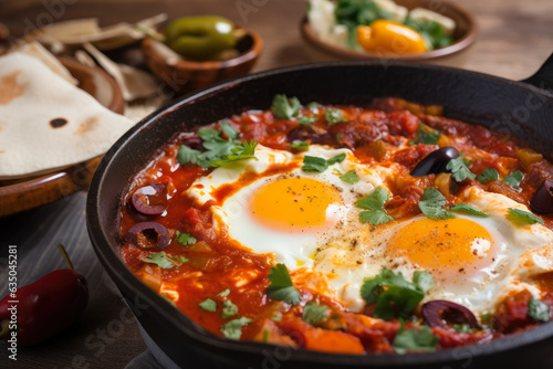 Shakshuka, a flavorful and hearty Middle Eastern breakfast, cooked in a traditional clay tagine with poached eggs, spicy harissa, and served with a side of olives.