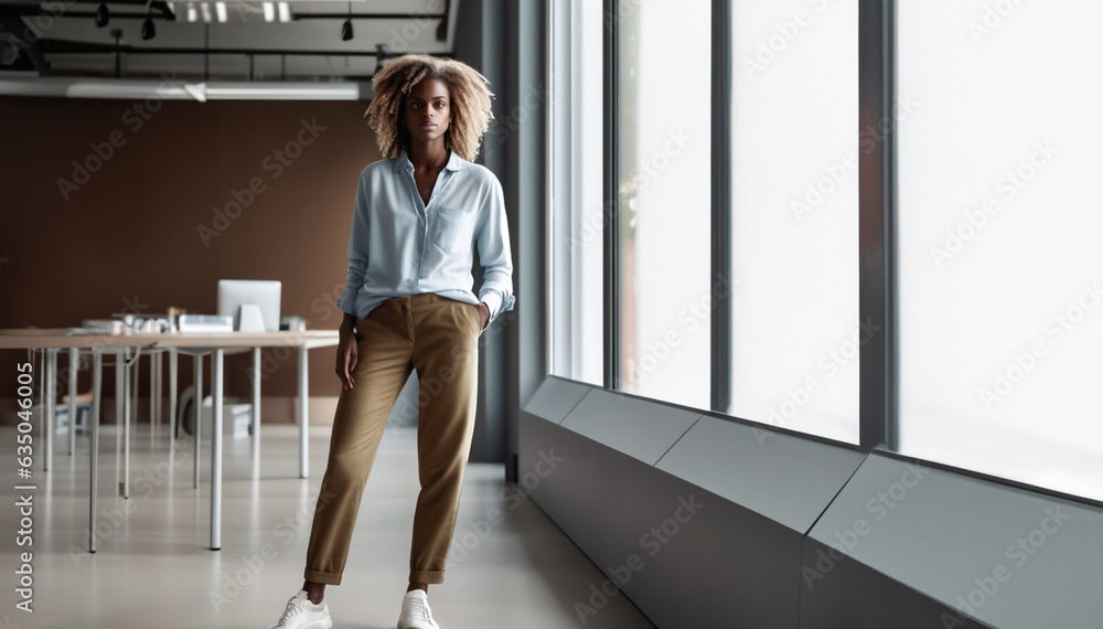 immagine di giovane donna in abbigliamento informale, ambiente di lavoro luminoso e spazioso alle spalle immagine di giovane donna in abbigliamento informale, ambiente di lavoro luminoso e spazioso alle spalle