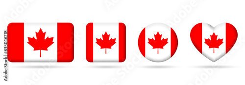 Canada flag icon or badge set. Canadian square, heart and circle national symbol or banner. Vector illustration.