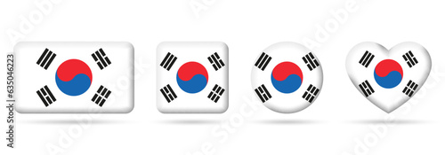 South Korea flag icon or badge set. Korean square, heart and circle national symbol or banner. Vector illustration.