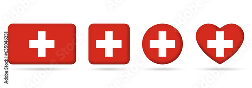 Switzerland flag icon or badge set. Swiss square, heart and circle national symbol or banner. Vector illustration.