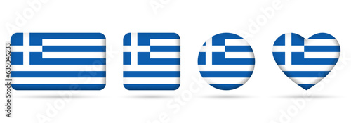 Greece flag icon or badge set. Greek square, heart and circle national symbol or banner. Vector illustration.