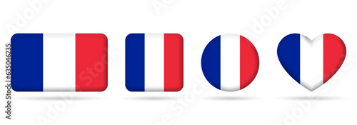 France flag icon or badge set. French square, heart and circle national symbol or banner. Vector illustration.