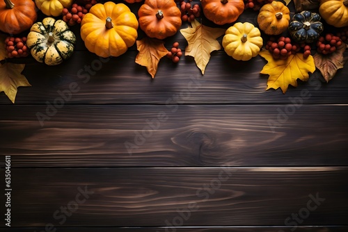 Autumn themed banner template with space for a copie. Pumpkins and leaves. Wood. Ai generated