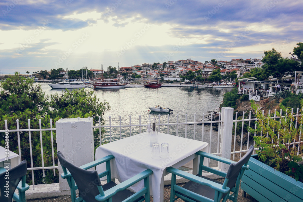 Fototapeta premium Panoramic view from a terrace to Neos Marmaras, Sithonia, Chalkidiki, Greece