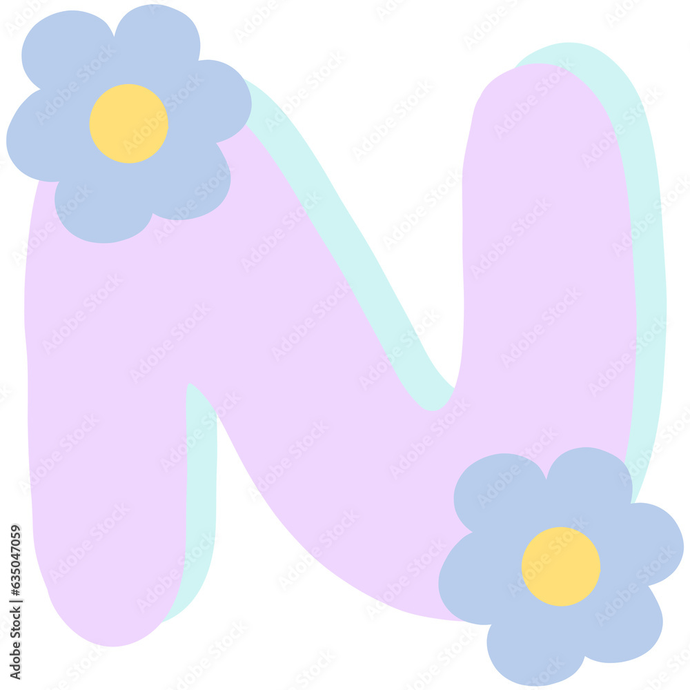 Purple english alphabet N decorated with blue and yellow flowers isolated on transparent background 