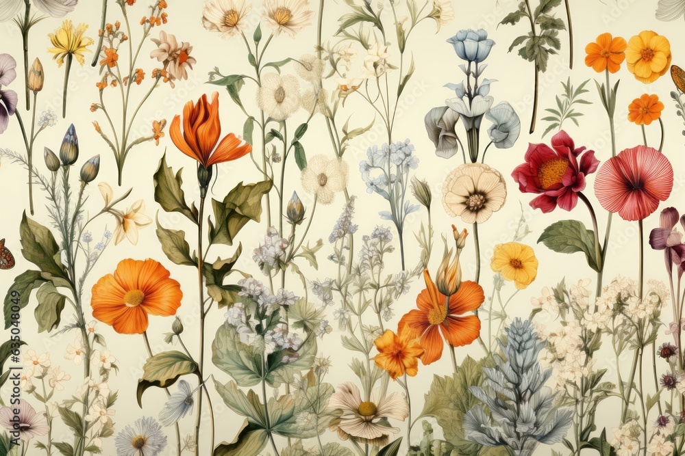 Naklejka premium Seamless Pattern Of Vintage Botanical Illustrations, Generative AI