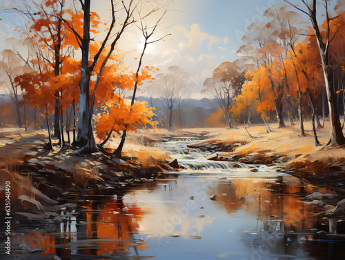 Landscape with autumn forest near the river. Oil painting in the style of impressionism.