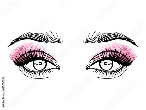Eyes with long eyelashes, pink shadows, vector illustration