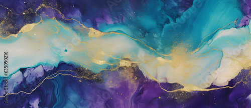 A fluid abstract painting with swirling hues of purple and turquoise, resembling a vibrant, stormy sky over an ocean