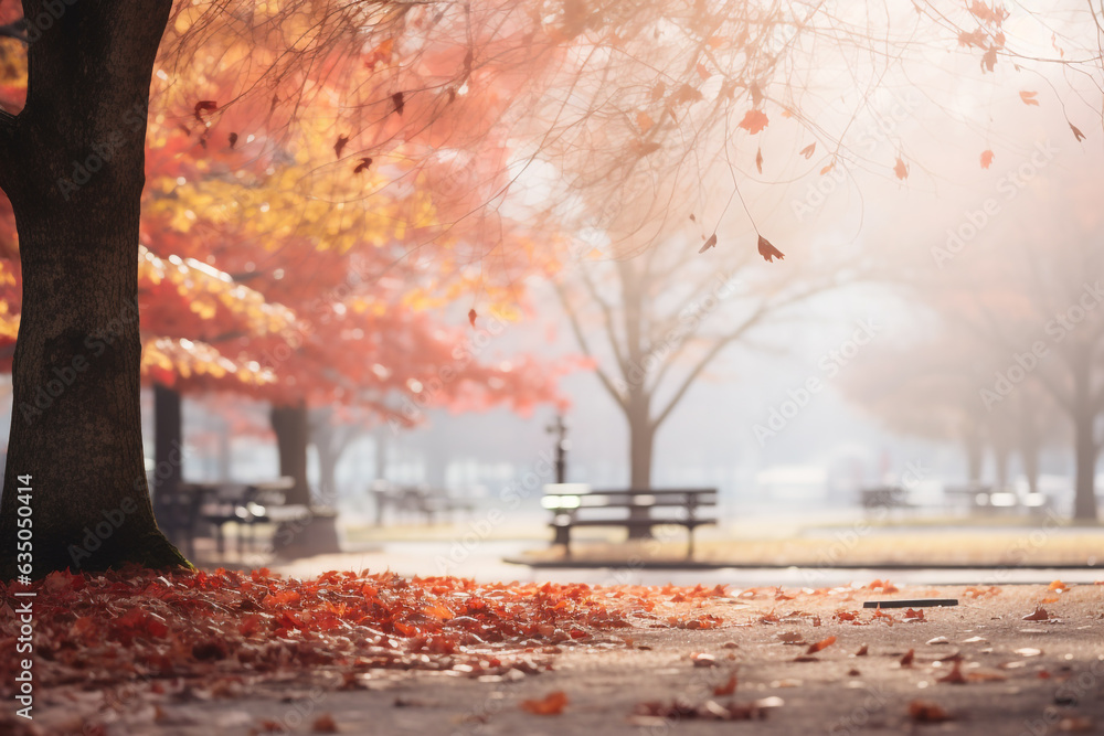 Blurred out public park with autumn leaves and autumn weather Background