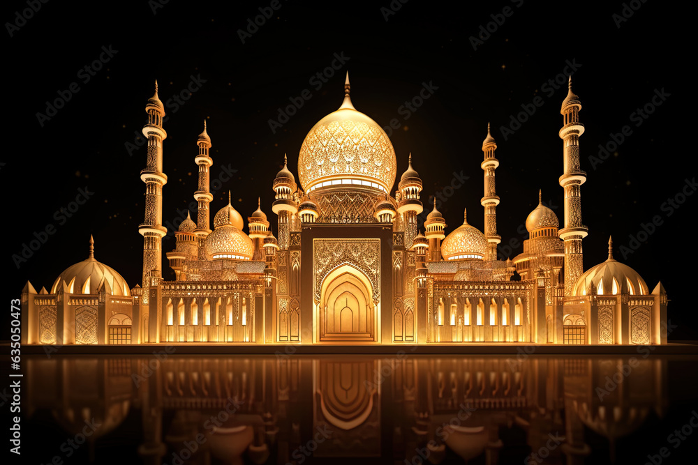 Obraz premium Illustration of a mosque adorned with golden patterns, the spiritual aura of Ramadan