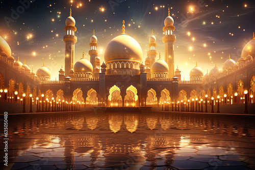 Illustration of a mosque adorned with golden patterns, the spiritual aura of Ramadan