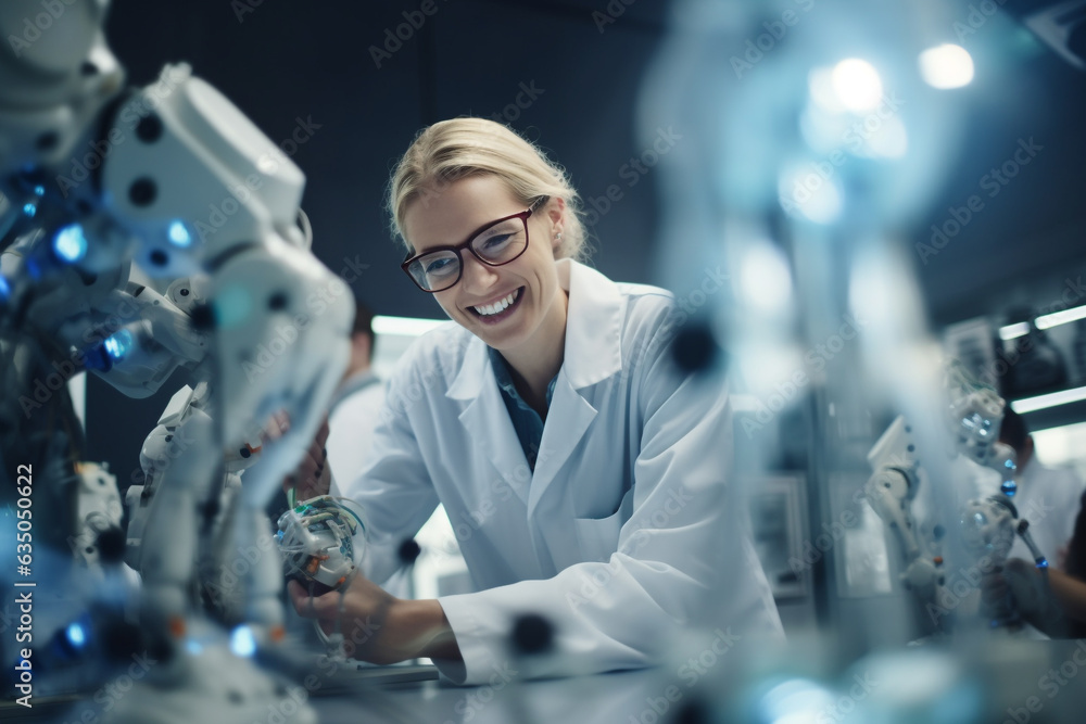 happy female scientist stands in a state-of-the-art robot laboratory, wearing protective gear and manipulating equipment, onducts experiments, using skills to manipulate and analyze substances - obrazy, fototapety, plakaty 