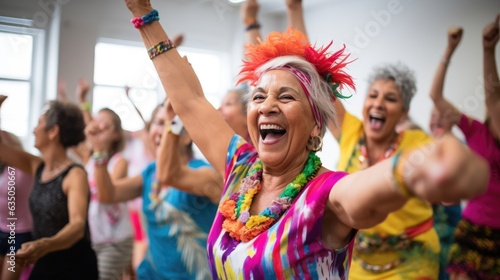 Elderly grey-haired woman optimistic modern woman dancing happy and cheerful, smiling moving casual and confident. AI phototography. .