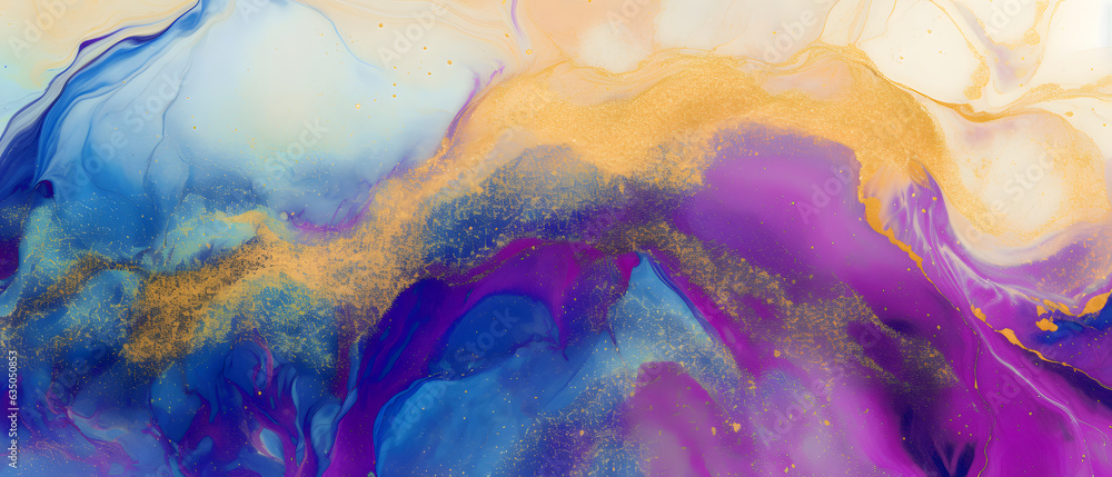 A fluid abstract painting with swirling hues of purple and turquoise, resembling a vibrant, stormy sky over an ocean