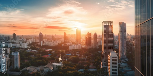 Fototapeta Naklejka Na Ścianę i Meble -  Many buildings in background. Capturing Spirit of City from Sunrise to Sunset