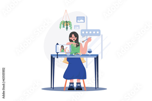 Blogger Woman Trying Food And Making Review