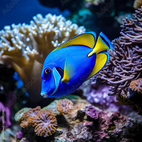 Beautiful Blue Coral fish on a stunning Coral Reef. Could be a tang or surgeon fish in this underwater image. 