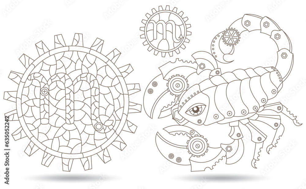 Set of contour illustrations in the style of stained glass with steam punk signs of the zodiac scorpio , dark contours on a white background Set of contour illustrations in the style of stained glass with steam punk signs of the zodiac scorpio , dark contours on a white background