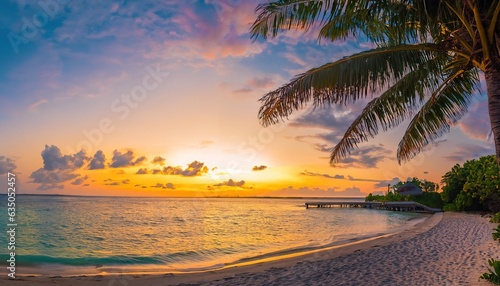 Beautiful panoramic sunset tropical paradise beach. Tranquil summer vacation or holiday landscape. Tropical sunset beach seaside palm calm sea panorama exotic nature view inspirational seascape scenic