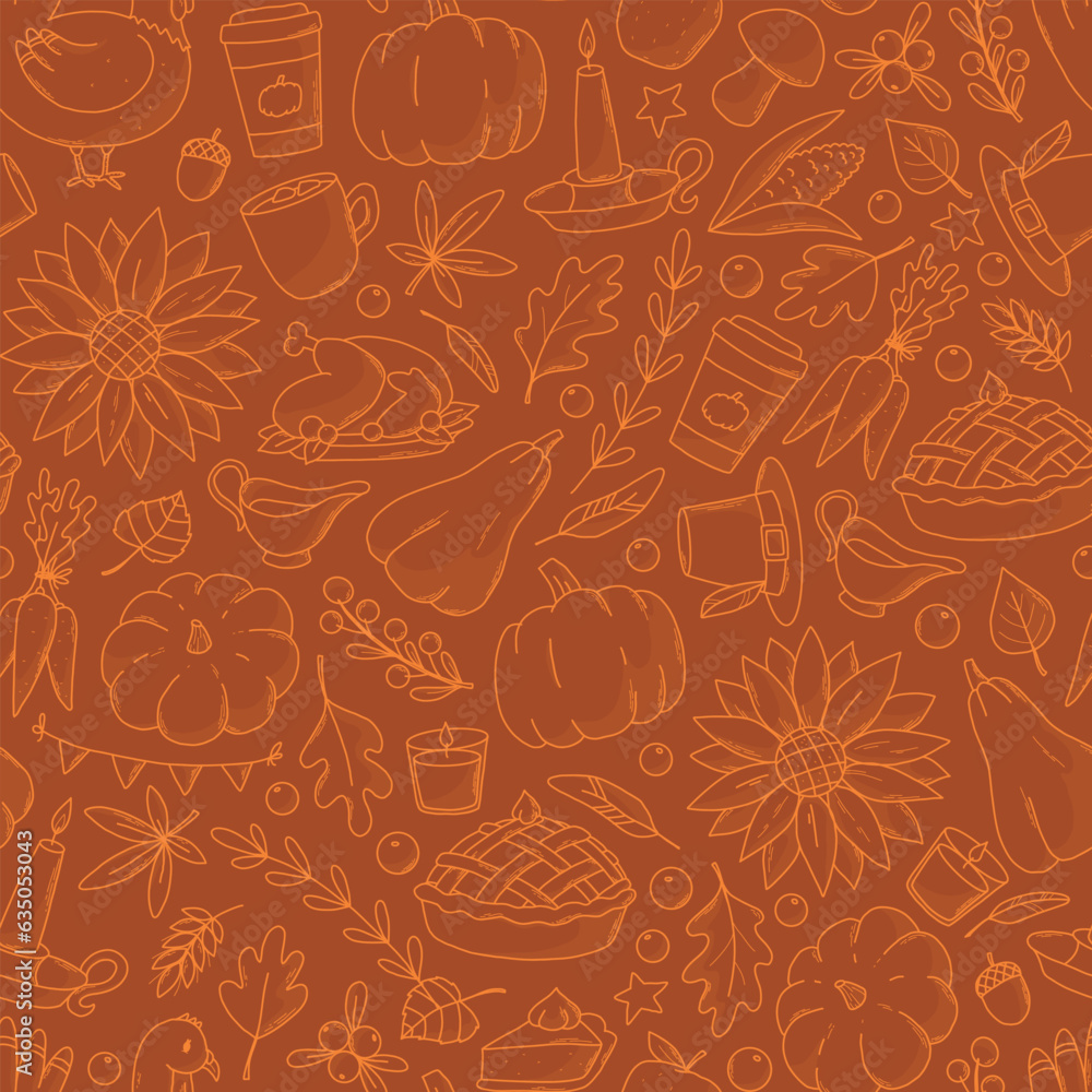 Thanksgiving seamless pattern with monochrome doodles on brown background for wallpaper, wrapping paper, textile prints, kitchen towels, scrapbooking, packaging, etc. EPS 10
