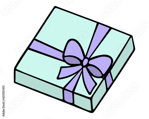 Gift in a flat square green box. The surprise is tied with purple ribbons and decorated with a bow. Color vector illustration. Isolated background. Cartoon style. Holiday package delivery. Birthday. 