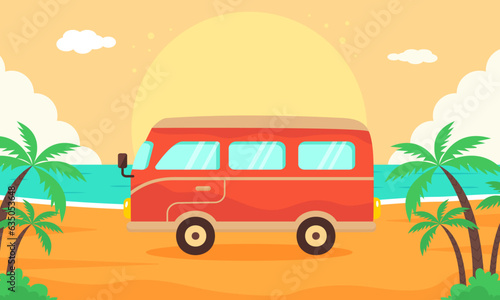 Retro vintage travelling bus on the sunset beach. Camping, road trip, summer vacation concept. Summer tropical landscape with palm trees.