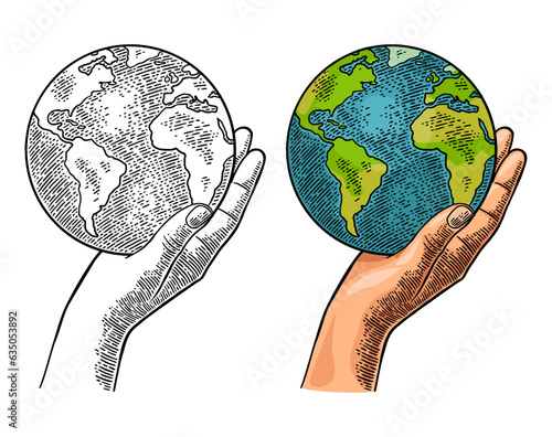 Hand holding planet earth. Engraving vintage vector color illustration