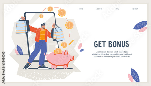 Website page template for bonus, cashback and gift for customer loyalty concept. Happy buyer gets bonus or shopping certificate, concept for web page flat vector illustration on white.