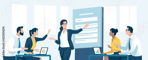 Presentation, education, learning. Business illustration. Students listens to the teacher