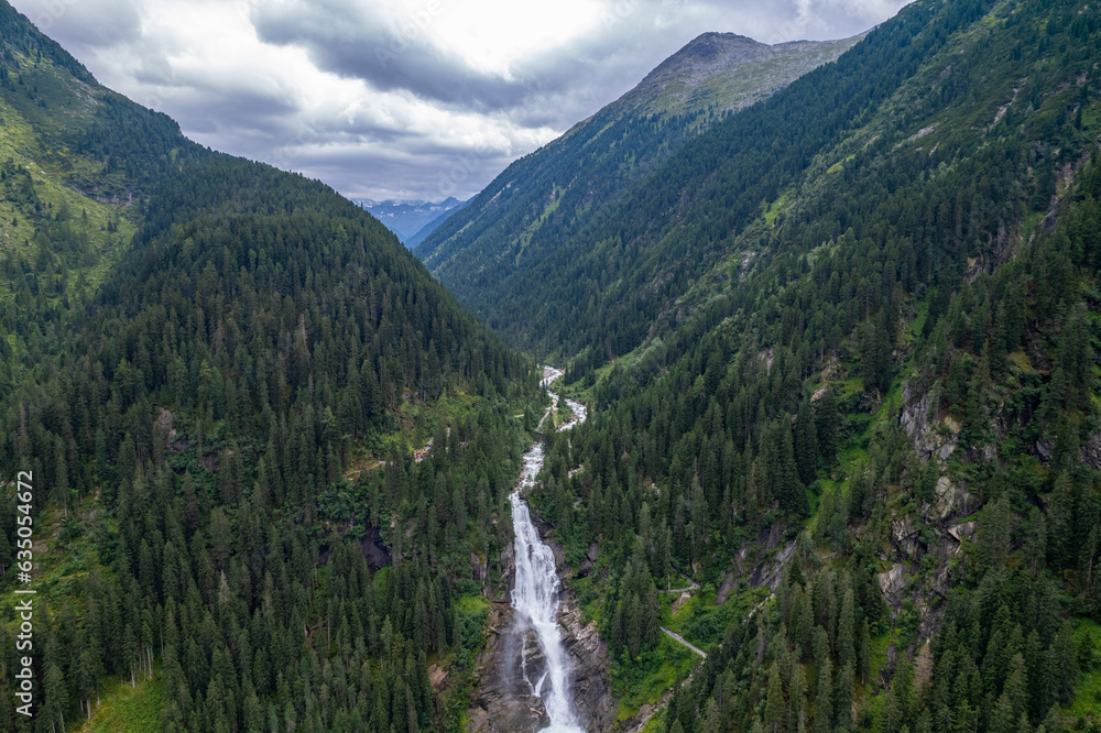 Aerial summer view of Krimml Waterfalls, Tyrol, Austria