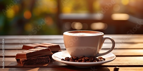 Closeup of Delicious Coffee Cup and chocolate on Wooden table blur cafe Background