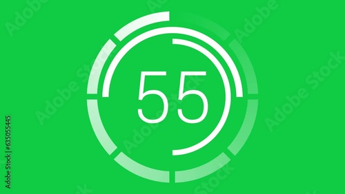 1 minute countdown timer animation with three loading transparent circle effect rotating clockwise in green screen background. Can be edited to 30, 15, 10, and 5 seconds