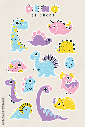 Set of Dino baby stickers. A collection of girly cute colorful dinosaurs in a simple childish drawn style. Isolated vector symbols with clipping path. Limited palette in pink colors. © Світлана Харчук