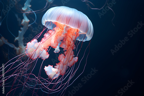 Jellyfish with long tentacles in underwater.  © Pacharee