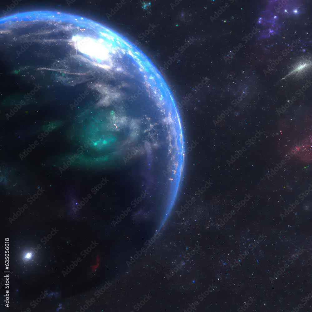Obraz premium AI generated image of distant galaxy filled with tiny colorful stars, a blue, Earth-like planet in the foreground.