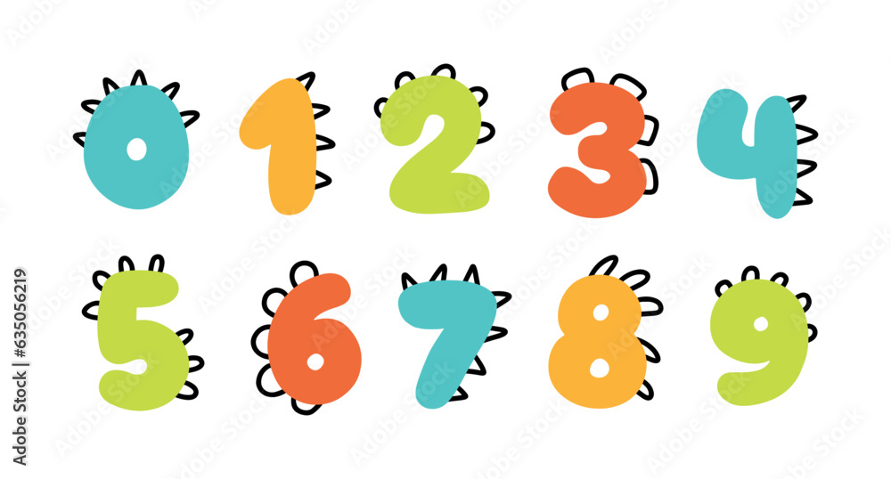 Obraz premium Dino numbers. Funny comic in the style of a simple hand-drawn cartoon with the manes of dinosaurs, dragons or monsters. Colored isolated doodles on a white background.