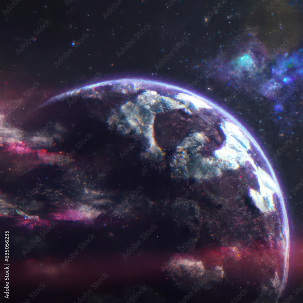 Obraz premium AI generated image of distant galaxy filled with tiny colorful stars, a blue, Earth-like planet in the foreground.