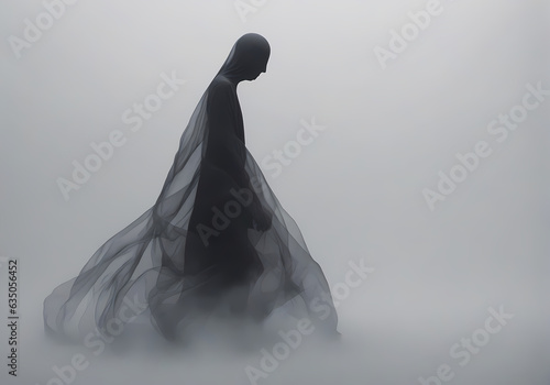 A ghost wearing a black dress on a foggy day, abstract forms in motion, black and grey, ethereal abstractions, flowing fabrics