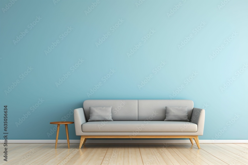 canapé gris dans une pièce vide avec un mur bleu, arrière plan décoratif, illustration ia générative canapé gris dans une pièce vide avec un mur bleu, arrière plan décoratif, illustration ia générative