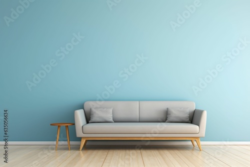 canapé gris dans une pièce vide avec un mur bleu, arrière plan décoratif, illustration ia générative