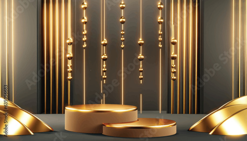 Gold empty podium floating in the air in dark scene with wall of line vertical gold neon lamps around vector illustration.
