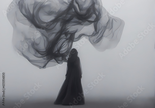 A ghost wearing a black dress on a foggy day, abstract forms in motion, black and grey, ethereal abstractions, flowing fabrics